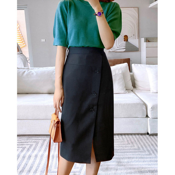 Women's Elegant Midi Skirt with Button Detail and Waist Belt Mune Fashion