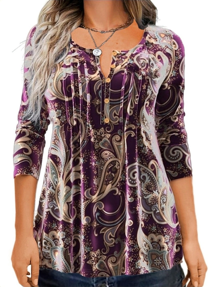 Women Paisley Tunic with 3/4 Sleeves, Pleats and Button Placket Mune Fashion