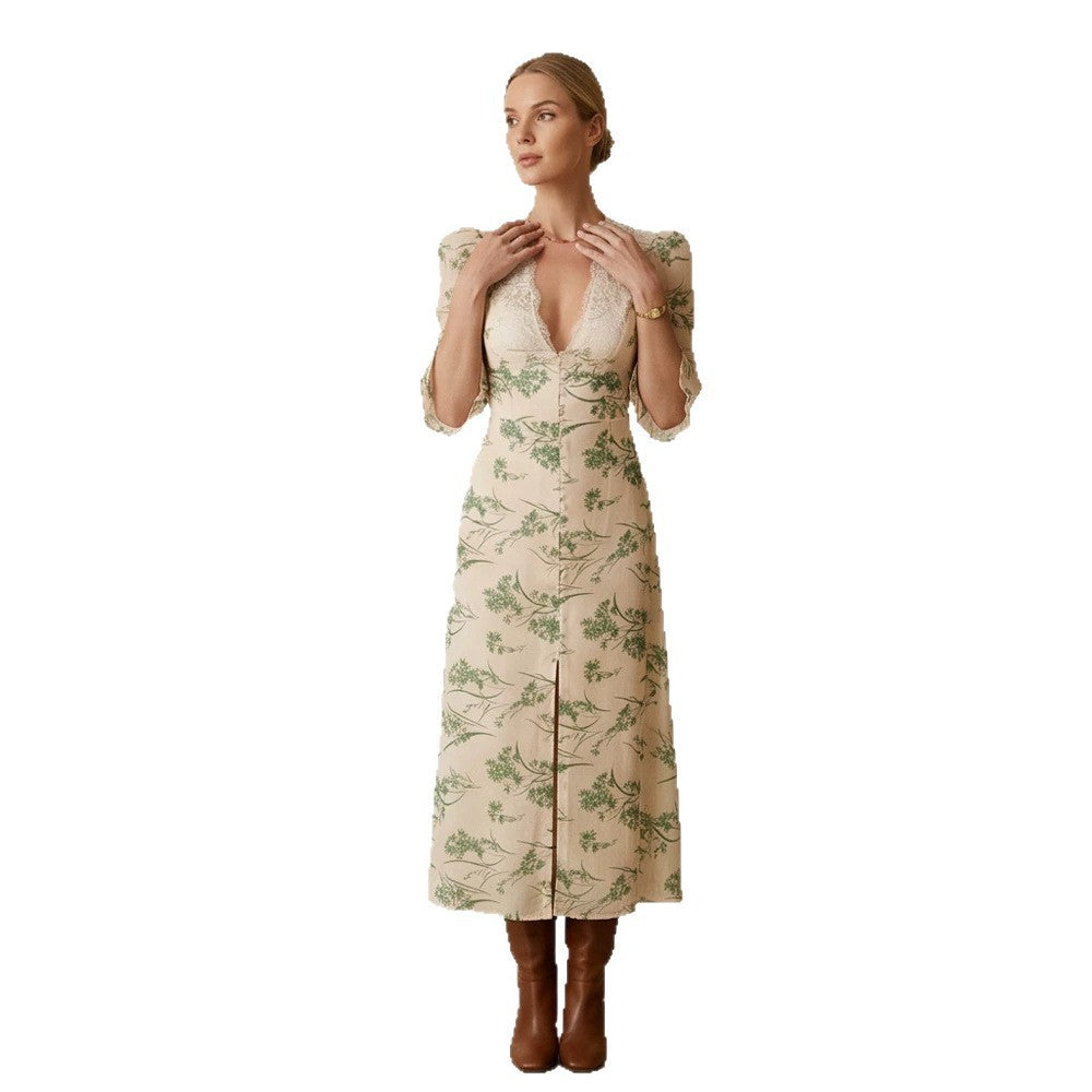 Women Floral Midi Dress with Lace V-Neck, Fitted Waist Seam and Pearl Button Placket Mune Fashion