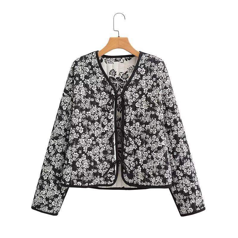 Women's Quilted Short Jacket with Floral Allover Print and Tie Ribbons Mune Fashion