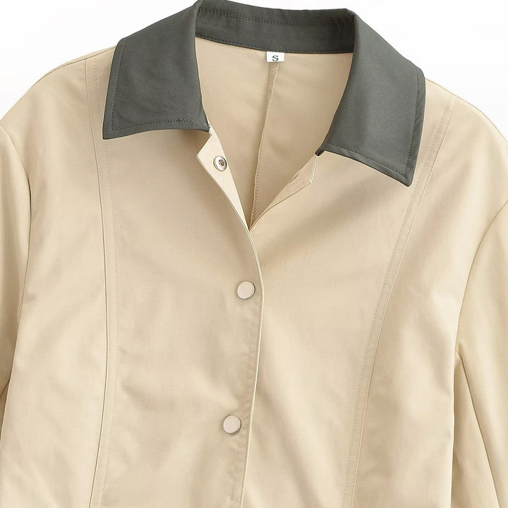 Women's Tailored Light Transitional Jacket with Contrast Collar and Snap Button Placket Mune Fashion