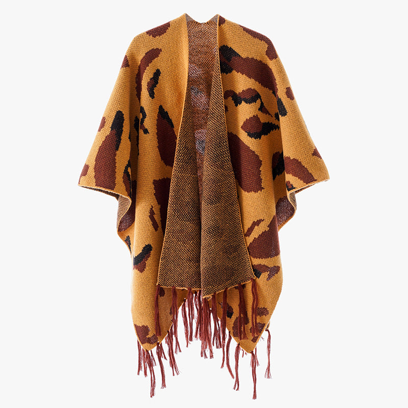 Women's Oversize Knit Poncho with Animal Jacquard and Fringe Hem Mune Fashion