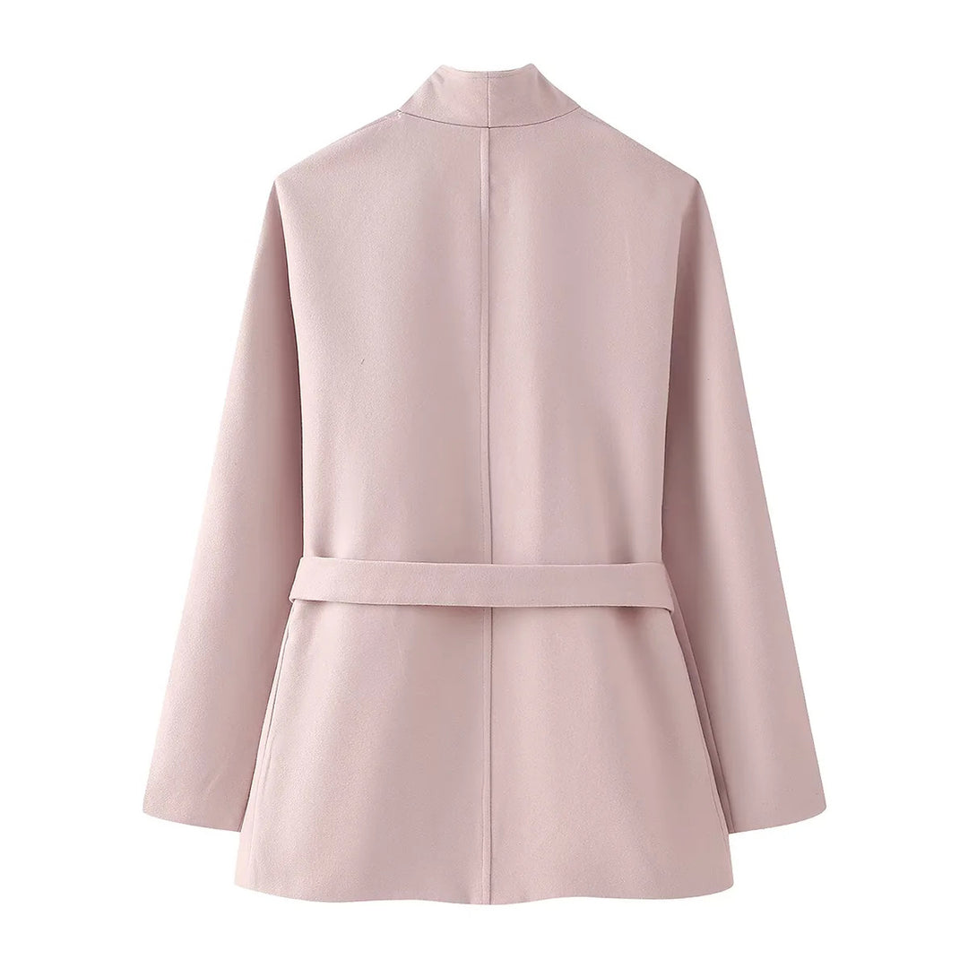 Women’s short jacket with wide shawl collar, tailored tie belt and patterned lining Mune Fashion