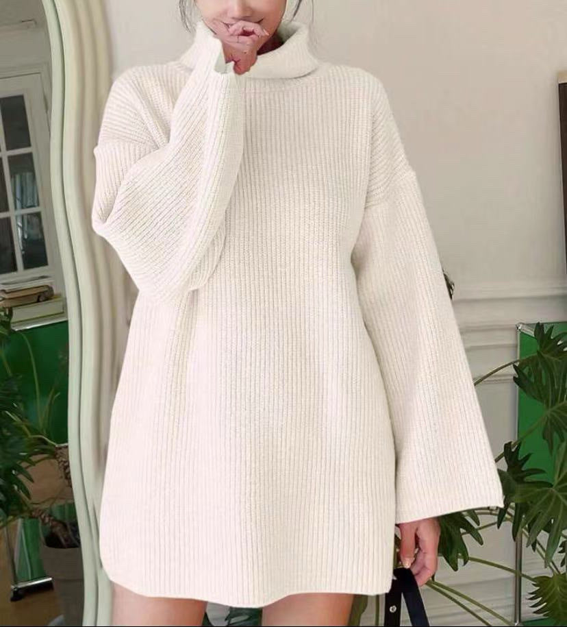 Women Oversized Ribbed Turtleneck Knit Dress with Bell Sleeves Mune Fashion