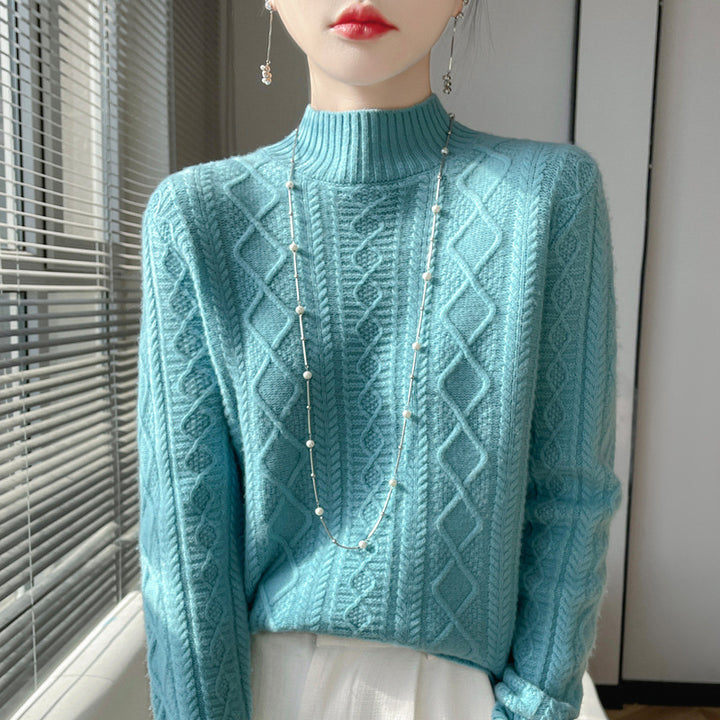 Women's cable-knit mock neck sweater with fine ajour detail and fluffy cashmere look Mune Fashion