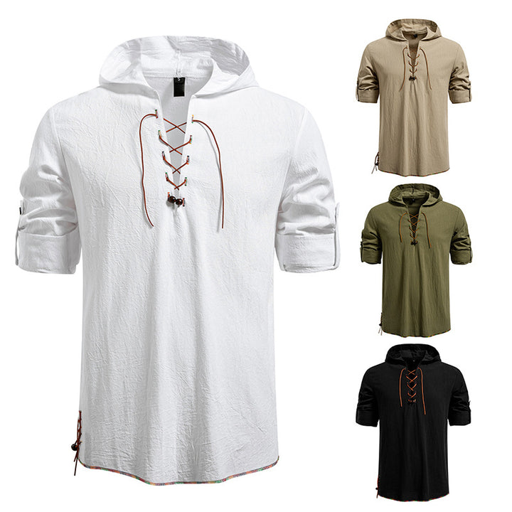 Men's Lightweight Hoodie Shirt with Decorative Lacing, Short Sleeve and Longline Cut Mune Fashion