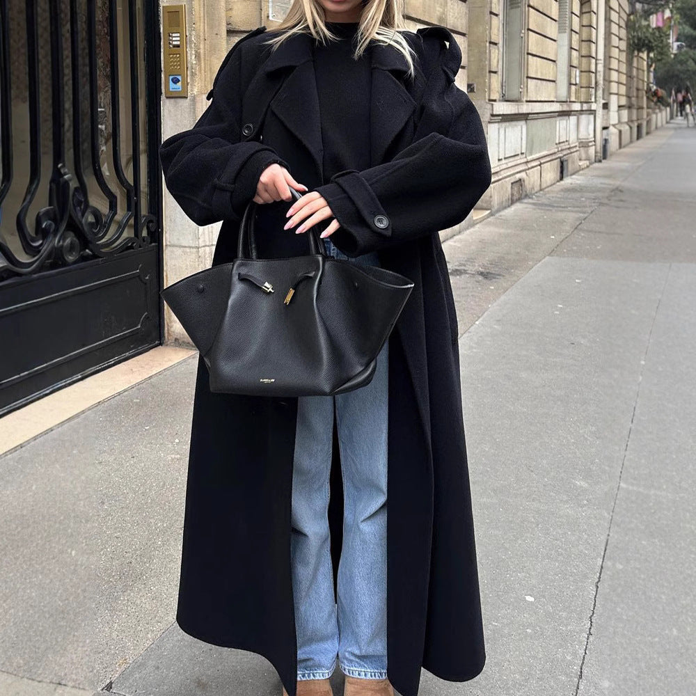 Women Extravagantly Cut Oversized Wool Coat with Epaulettes and Wide Shawl Collar Mune Fashion