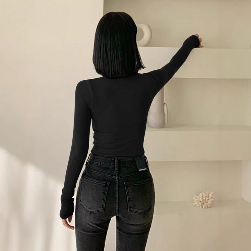 Women Fitted Turtleneck Long Sleeve Made of Ribbed Knit with Thumbhole Mune Fashion