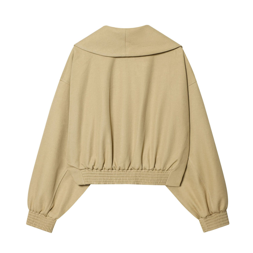 Women short wrap jacket with large shawl collar, belted waist and balloon sleeves Mune Fashion