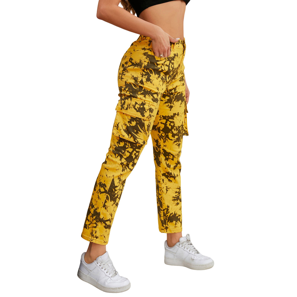Women's cargo pants with tie-dye pattern, high waist and patch pockets Mune Fashion