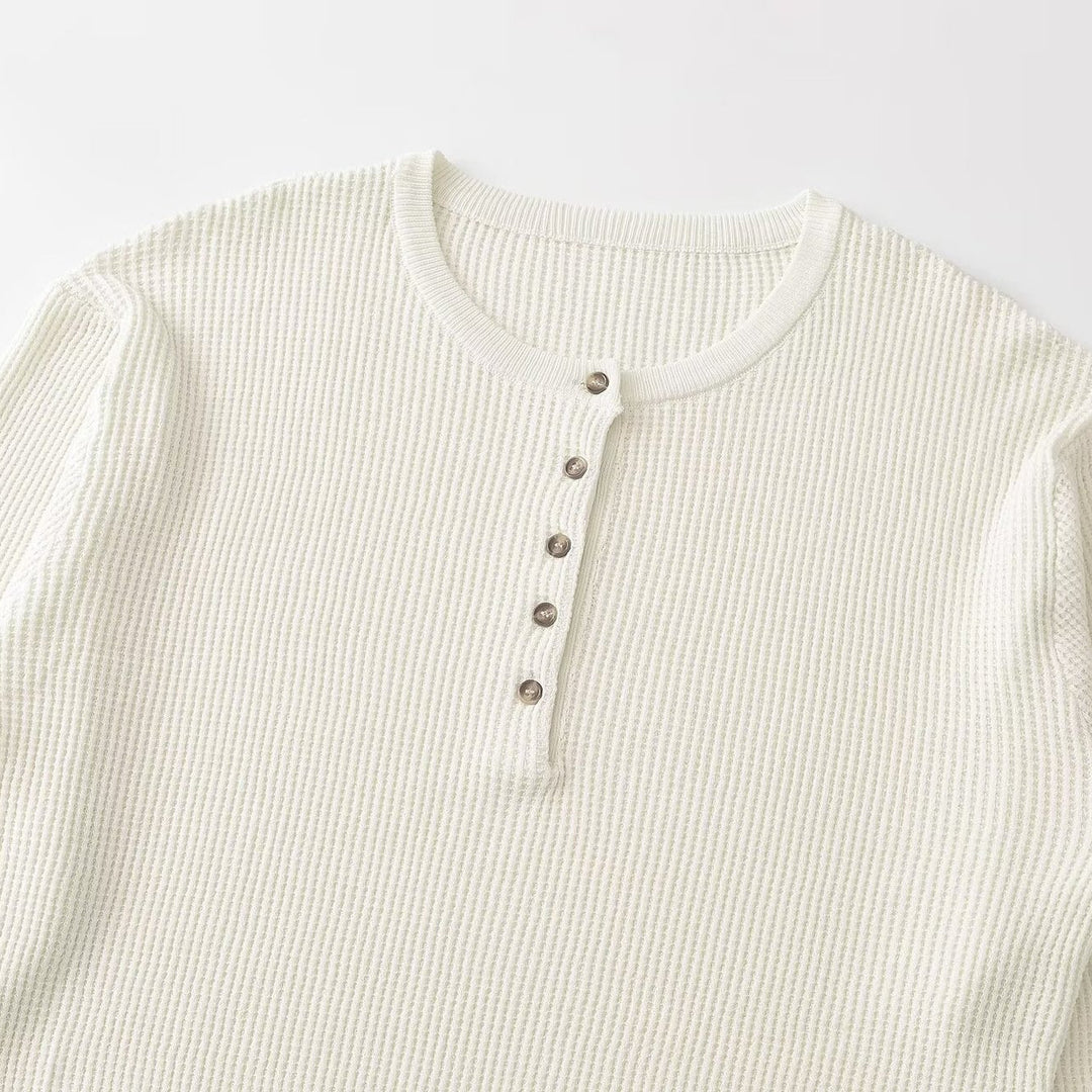 Women Thick Knit Waffle Knit Sweater with Henley Placket Mune Fashion