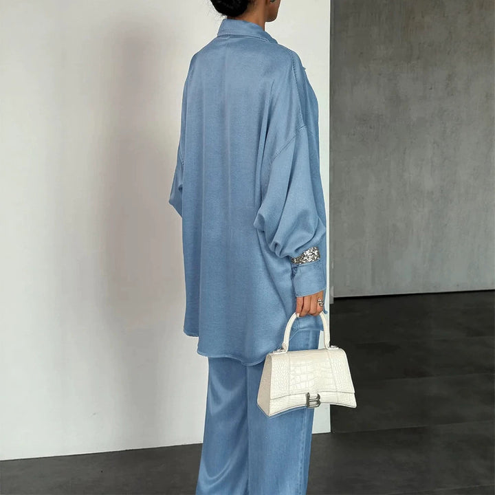 Women's Two-Piece Oversized Shirt and Palazzo Set in Flowing Denim Look Drune