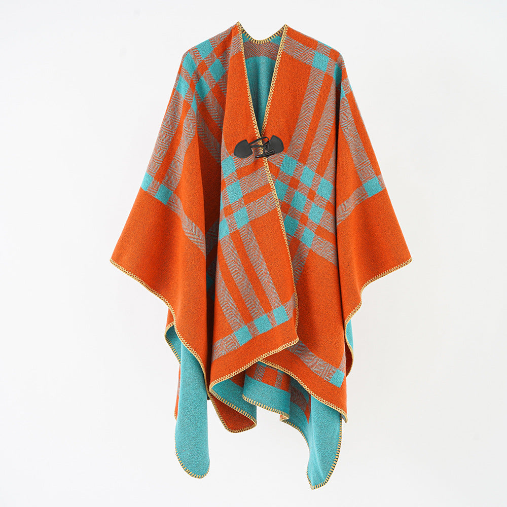 Women's Reversible Wool Blend Poncho with Toggle Closure and Check Pattern Mune Fashion