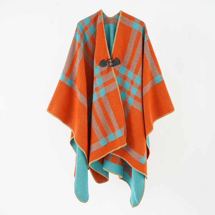 Women's Reversible Wool Blend Poncho with Toggle Closure and Check Pattern Mune Fashion
