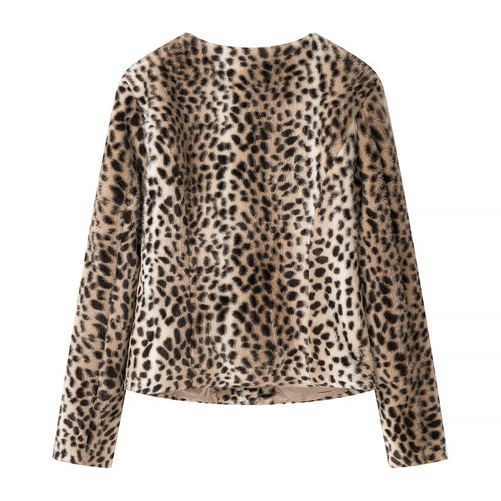 Women Short Faux Fur Jacket with Leopard Print and Round Neck Mune Fashion