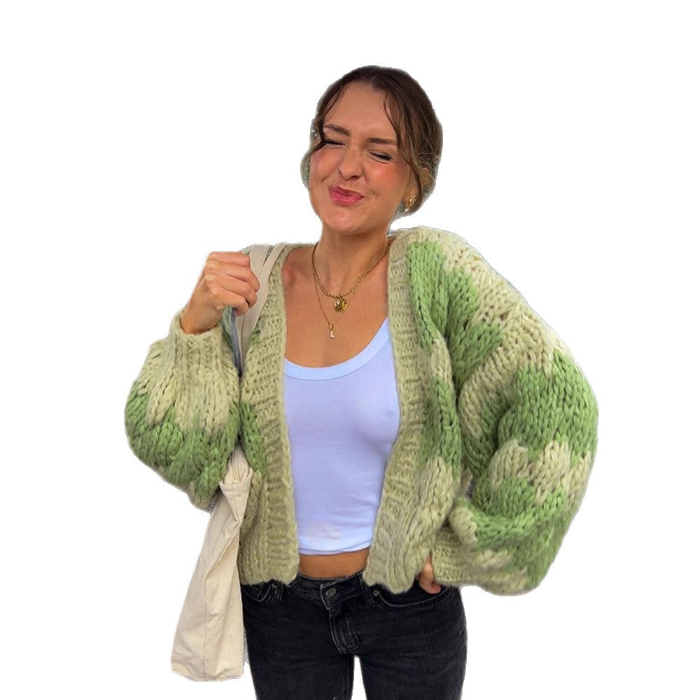 Women's Chunky Knit Cropped Cardigan with Voluminous Balloon Sleeves and Crochet Patch Details Mune Fashion