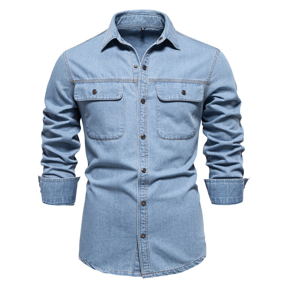 Men's light denim shirt with patch chest flap pockets and Kent collar Mune Fashion