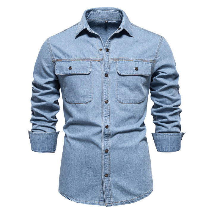 Men's light denim shirt with patch chest flap pockets and Kent collar Mune Fashion