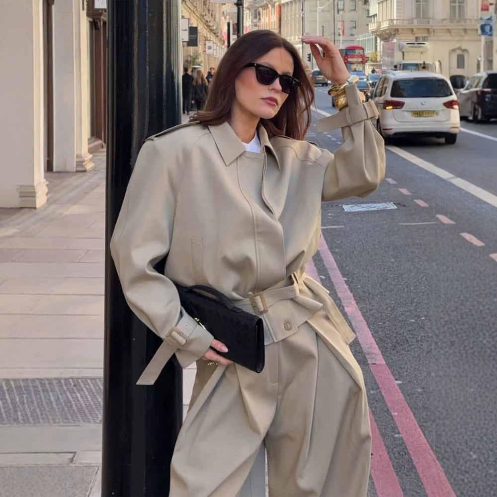 Women Tailored Short Trench Coat with Tie Belt, Raglan Sleeves and Concealed Button Placket Mune Fashion