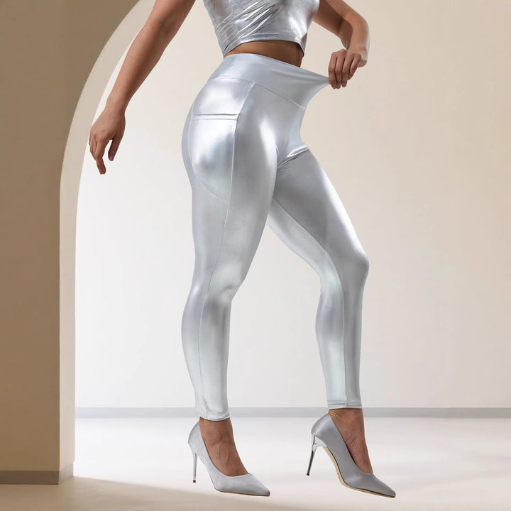 Women's Shiny High-Waist Capri Leggings with Smartphone Side Pocket Mune Fashion