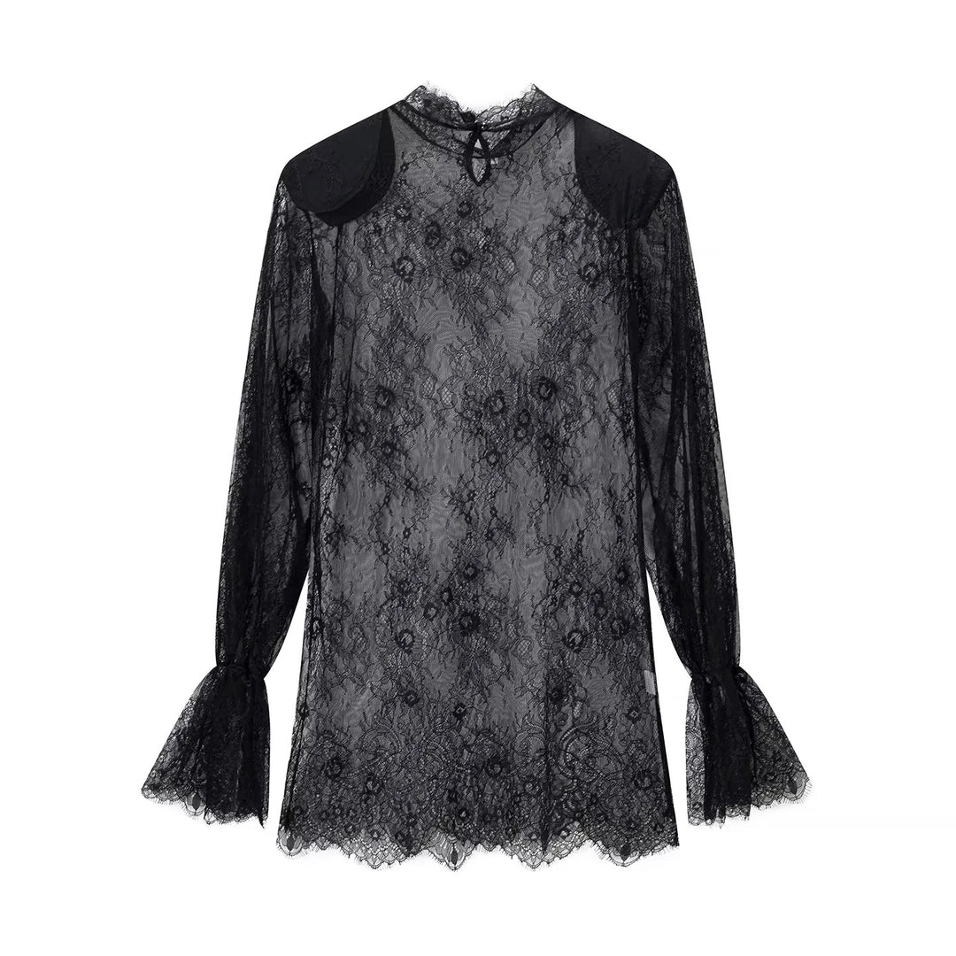 Ladies sheer lace blouse with stand-up collar, tie key and bell sleeves Mune Fashion