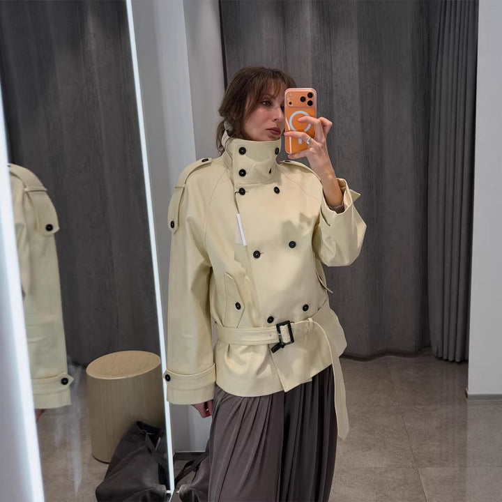 Women Short Double-Breasted Trench Jacket with High Standing Collar and Waist Belt Mune Fashion