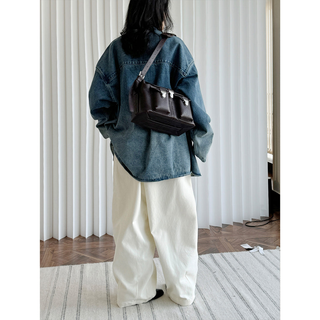 Women’s Oversized Utility-Style Denim Jacket with Mandarin Collar and Toggle Fastenings Mune Fashion