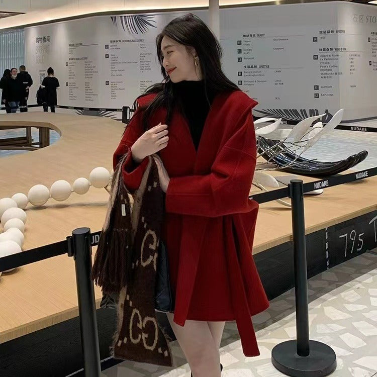 Women's Oversized Wool Coat with Hood and Waist Belt Mune Fashion