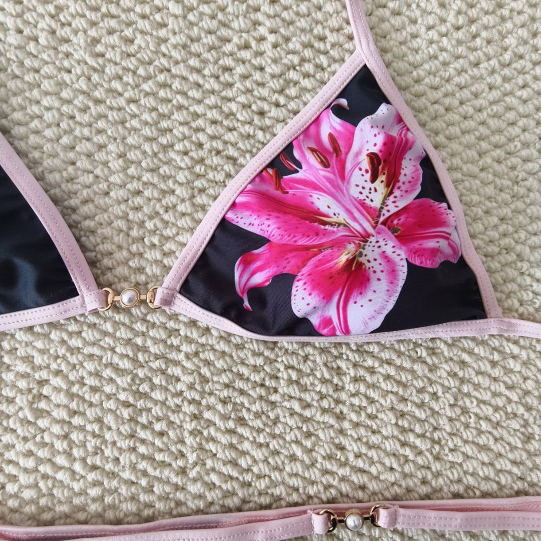 Women Triangle Bikini with Floral Accents and Adjustable Straps Mune Fashion