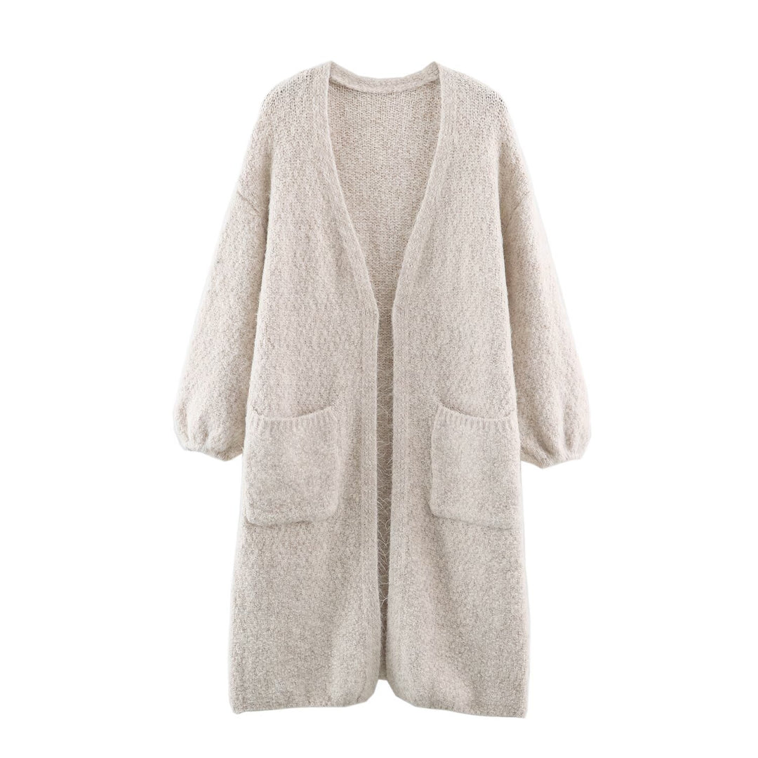 Women's Oversized Knit Coat with V-Neck, Cozy Boucle Look and Patch Pockets Mune Fashion