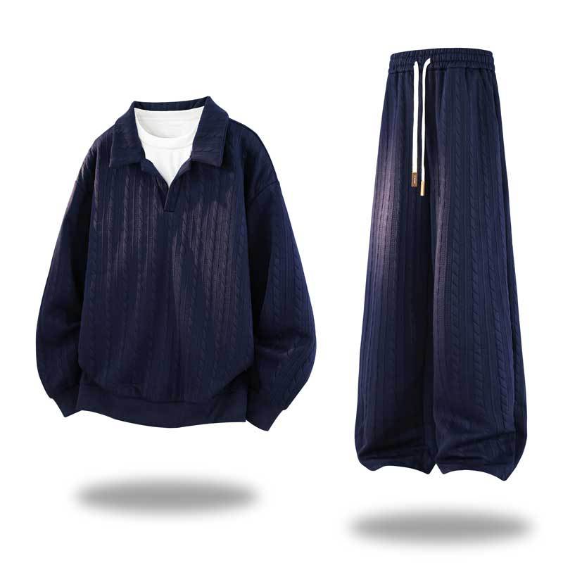 Men's Oversized Structured Lounge Set with Polo Collar, Cable Knit Look & Wide Leg Mune Fashion