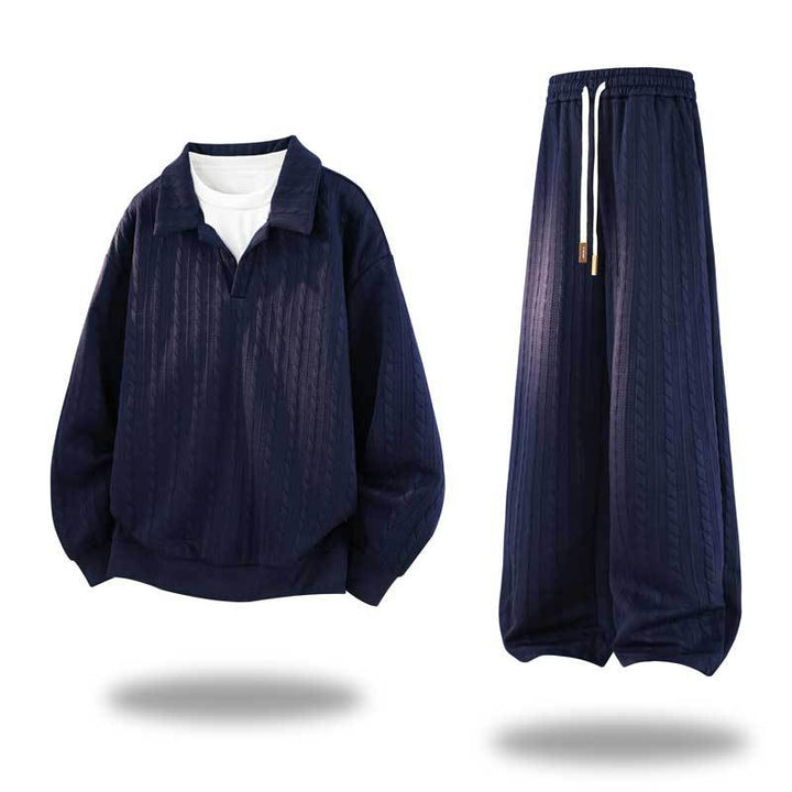 Men's Oversized Structured Lounge Set with Polo Collar, Cable Knit Look & Wide Leg Mune Fashion