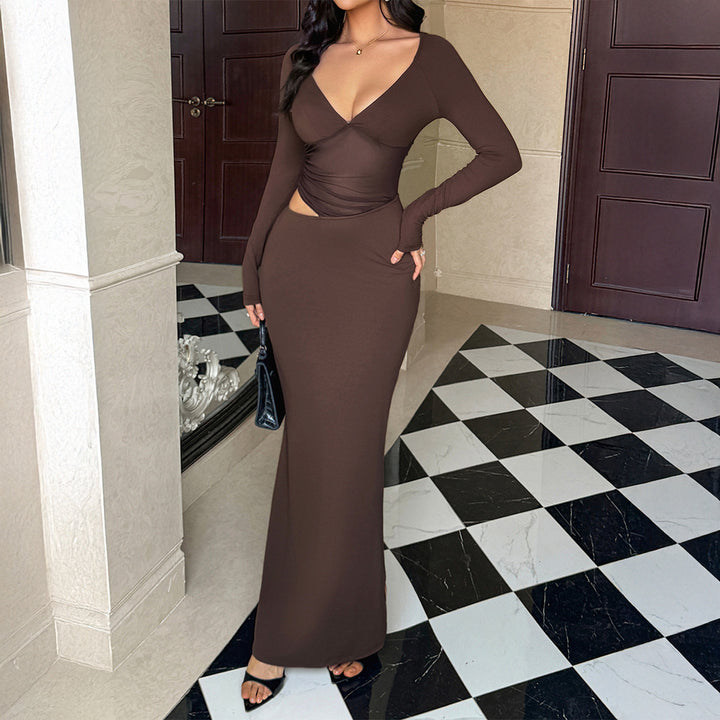 Women's tailored maxi dress with deep V-neck, side cut-out and figure-hugging stretch silhouette Mune Fashion