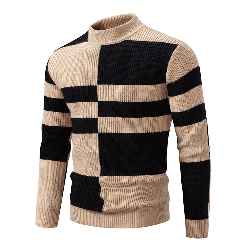 Men's Structured Mockneck Knit Sweater with Asymmetrical Block Pattern Mune Fashion