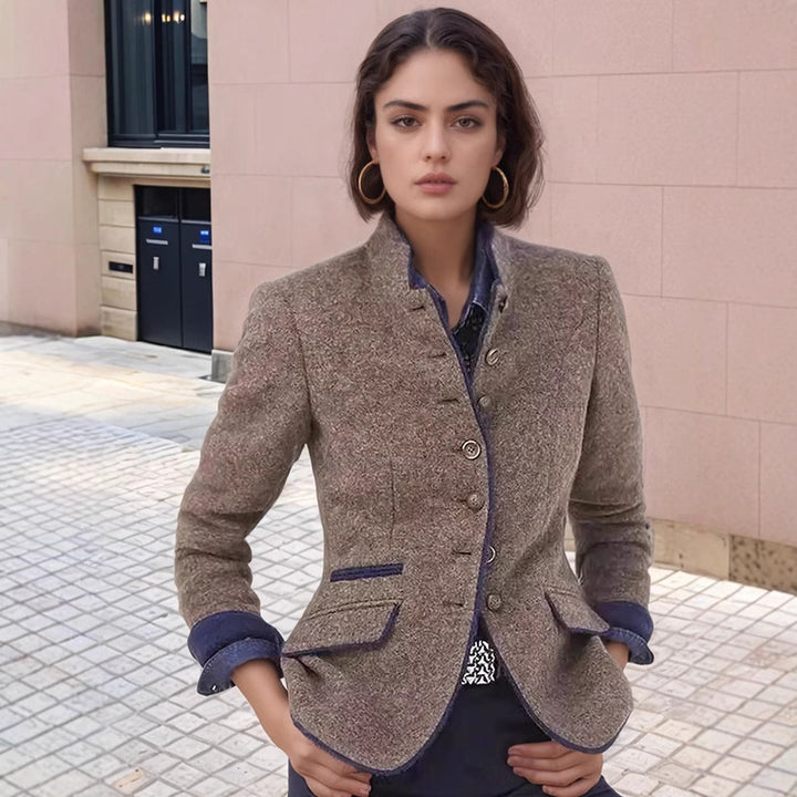 Women's Short Blazer with Stand Collar and Velvet Trim Mune Fashion