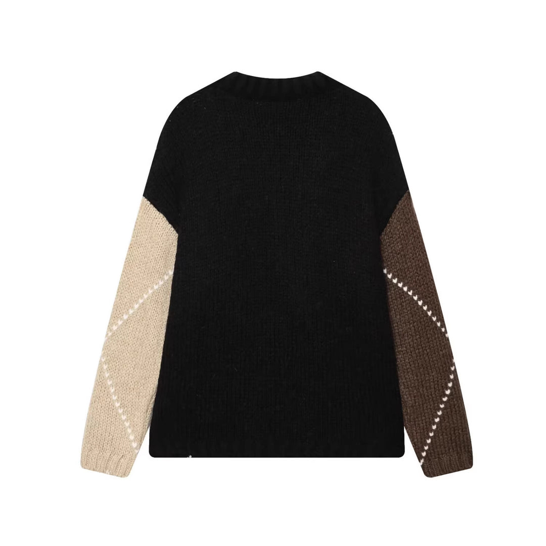 Women Chunky Knit Argyle Sweater with Oversized Cut and Ribbed Collar Mune Fashion