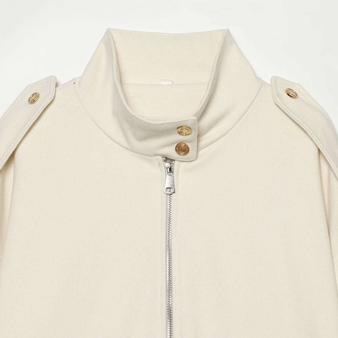 Women Cropped Utility Jacket with high collar, shoulder epaulettes and flap pockets
