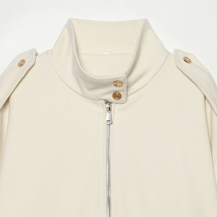 Women Cropped Utility Jacket with high collar, shoulder epaulettes and flap pockets