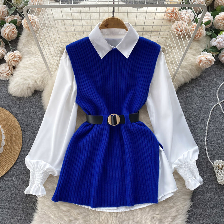 Ladies layering look blouse with ribbed knit overlay and waistbelt Mune Fashion