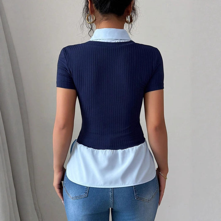 Women Short Sleeve Layering Top with Fake Shirt Collar and Ribbed Knit Body Mune Fashion