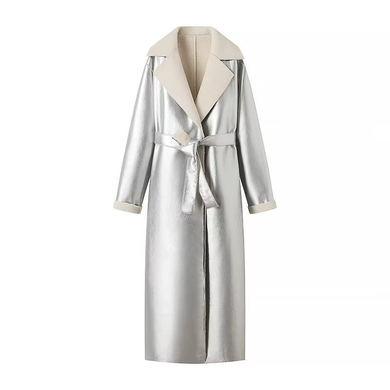 Women's longer vegan coat made of faux leather with teddy lining and tie belt Mune Fashion