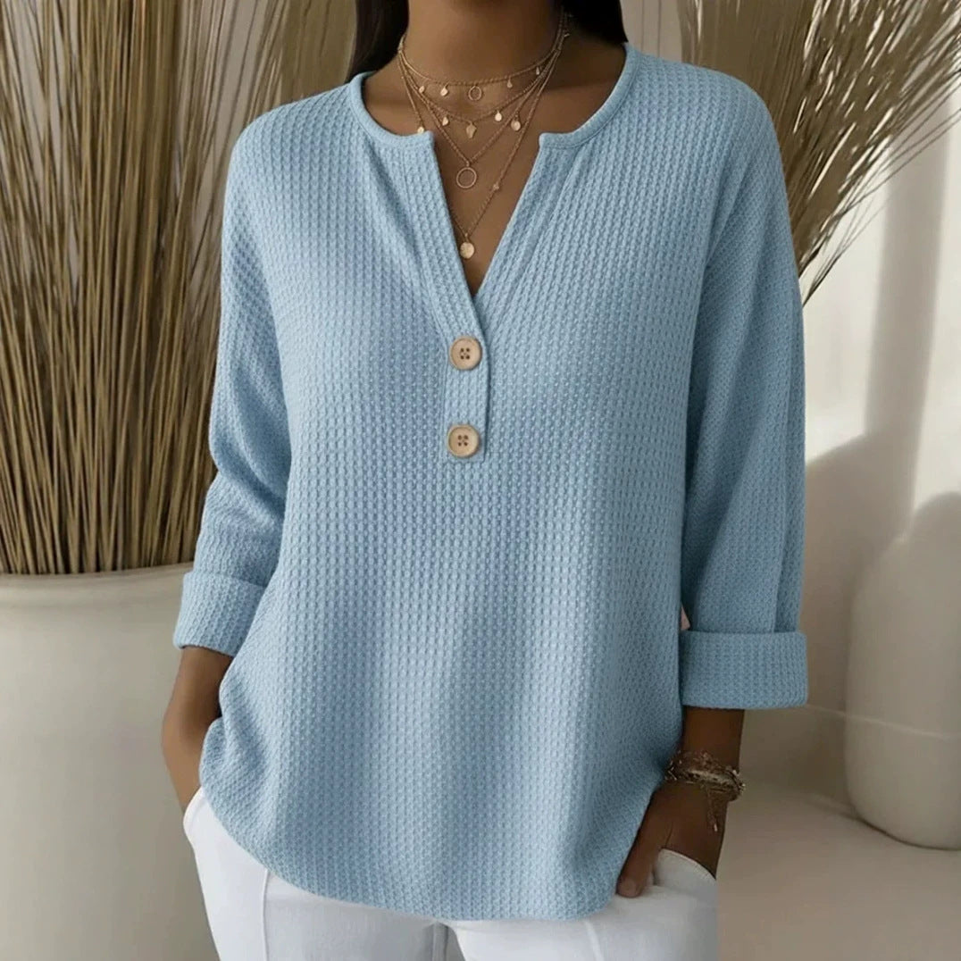 Women's waffle texture Henley shirt with V-neck, short button placket, and roll-up 3/4 sleeves Mune Fashion
