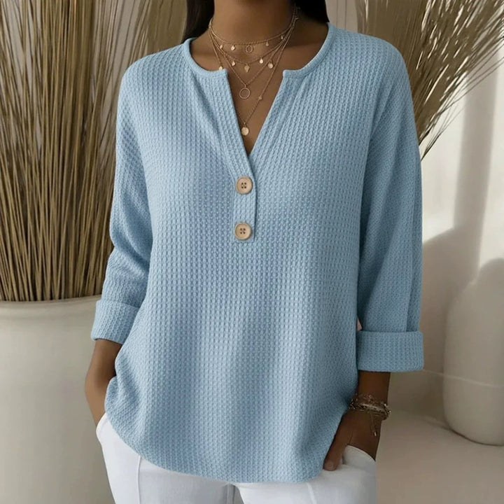 Women's waffle texture Henley shirt with V-neck, short button placket, and roll-up 3/4 sleeves Mune Fashion
