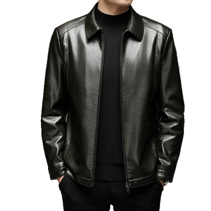Men's Smooth Faux Leather Zip Jacket in Shirt Collar Style with Minimalist Seam Design Mune Fashion