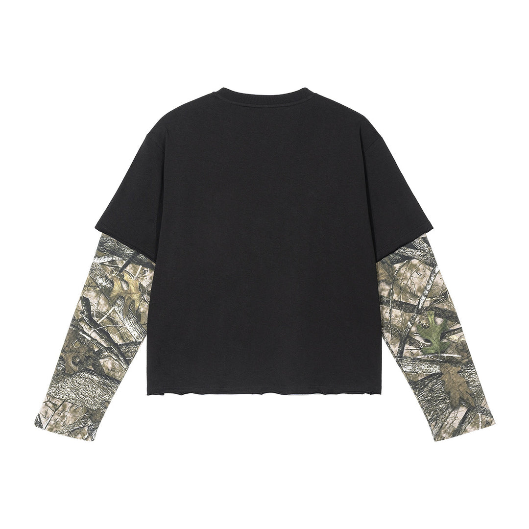 Men's Layered Long Sleeve T-Shirt with Camouflage Inner Sleeves and Gothic Print Mune Fashion