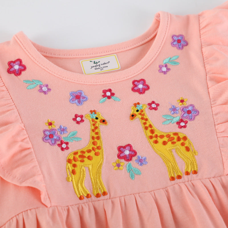 Girls cotton dress with charming giraffe embroidery Mune Fashion