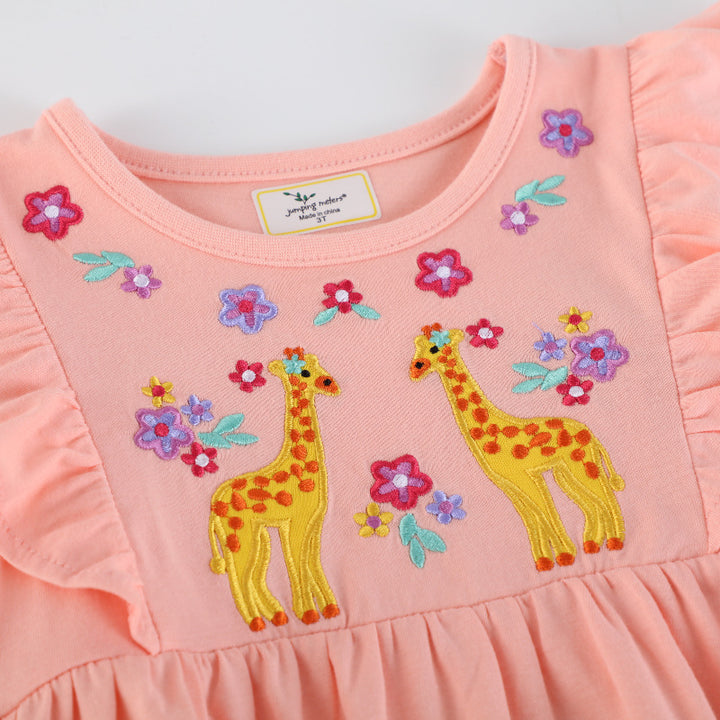 Girls cotton dress with charming giraffe embroidery Mune Fashion
