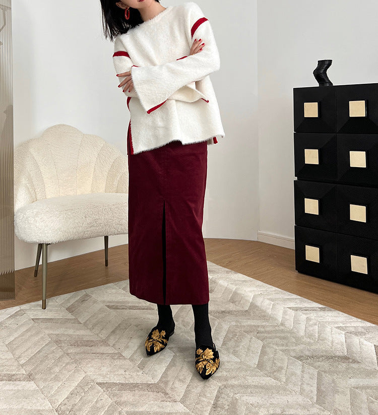 Women Elegant Cord Midi Skirt with Slit Mune Fashion
