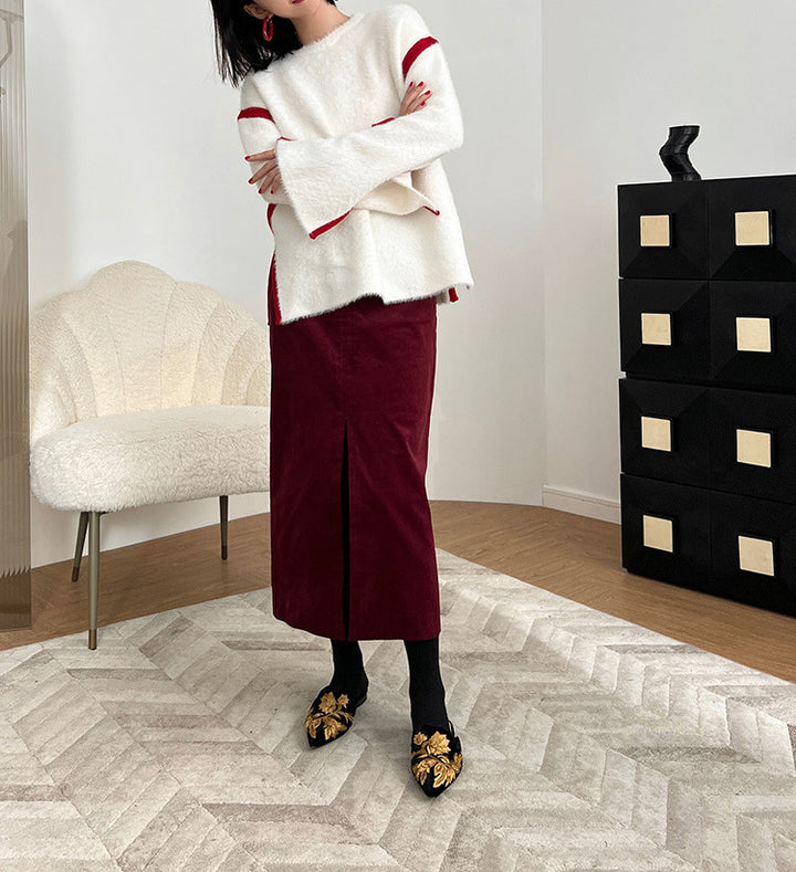 Women Elegant Cord Midi Skirt with Slit Mune Fashion