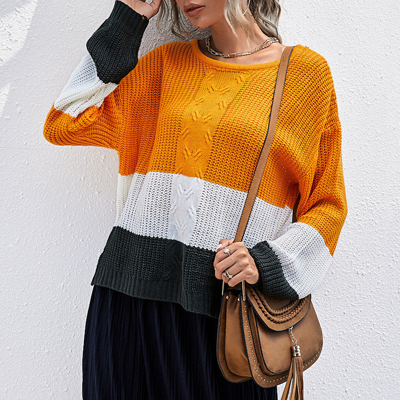 Women's Colorblock Slouchy Knit Sweater with Cable Mix and Drop Shoulder Mune Fashion
